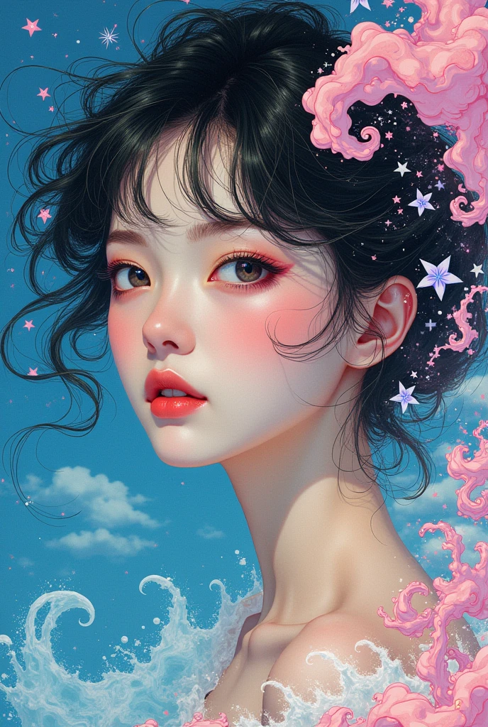 (Japanese girl:1.3), beautiful detailed eyes, beautiful detailed lips, extremely detailed eyes and face, long eyelashes, upper body, from side, looking at viewer, (fractal art:1.3), (rainbow color hair, colorful hair, half blue and half pink hair:1.2), water, liquid, cloud, colorful, starry, stars, (best quality, 4k, 8k, highres, masterpiece:1.2), ultra-detailed, (realistic, photorealistic, photo-realistic:1.37), vibrant colors, studio lighting, extremely detailed description, professional, concept art, surreal, 1920s french vibe, in the style of french illustrator moebius, 
