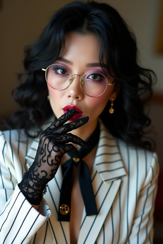 With long, curly black hair、Heavy makeup and purple eyeshadow、Dark eyeliner、Around her neck she wears a ribbon-shaped satin black and gold chain patterned scarf.、Wearing gold-rimmed glasses、Wearing long gloves made of black glitter lace、A Japanese woman in her 50s, a female teacher wearing a striped white suit, is licking her fingers obscenely with her tongue、