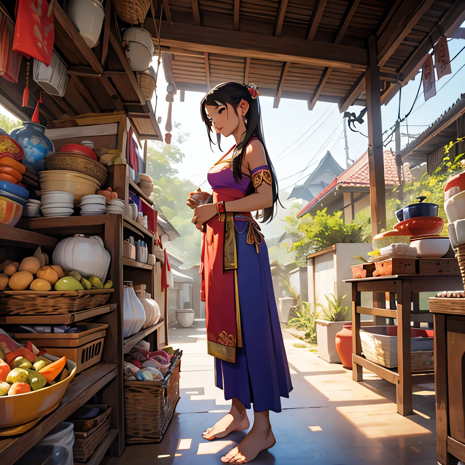 Thai female characters,long hair,Wear Thai clothes,Wear a Thai tube top,Add decorations,Thai person,Barefoot standing holding a basket,Traditional Thai dress