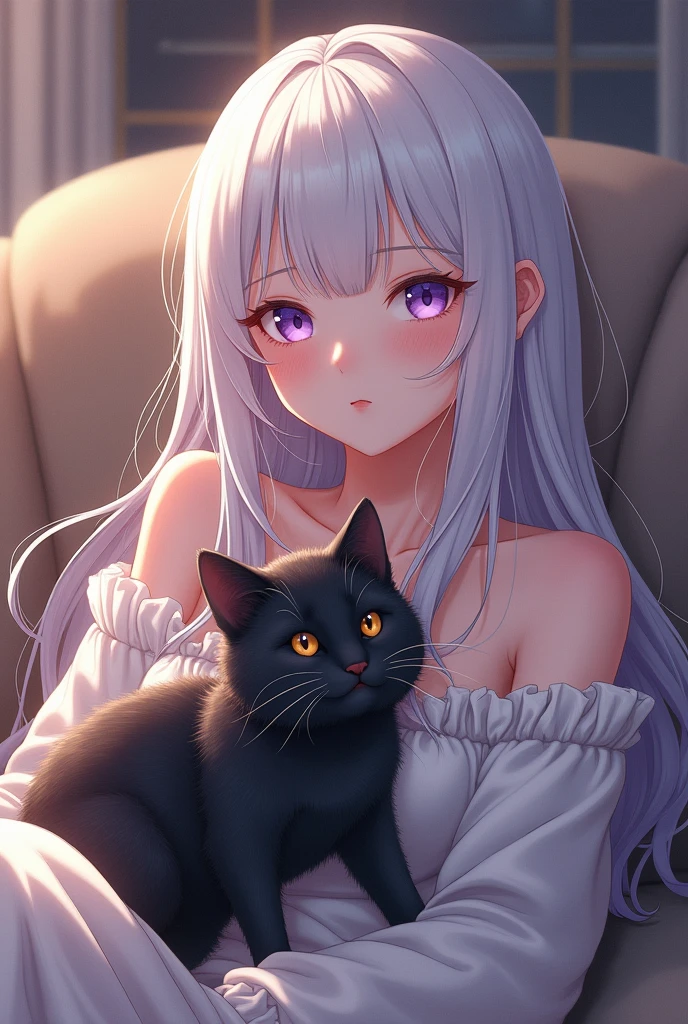sexy girl sitting in a comfortable room, with a black cat in his hands, With whites, long hair, with bangs and chubby cheeks, with light purple eyes, without pupils as a sketch