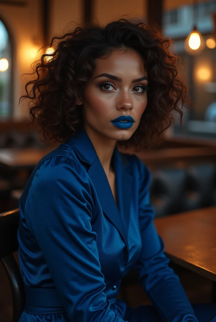 A cold black skinned woman, curly and brown hair, olhos amendoados, full mouth, dressed in a sapphire blue dress, in a coffee shop