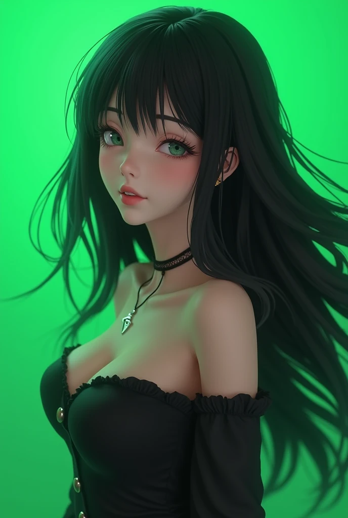 sexy girl anime long black hair with green screen background , 3d