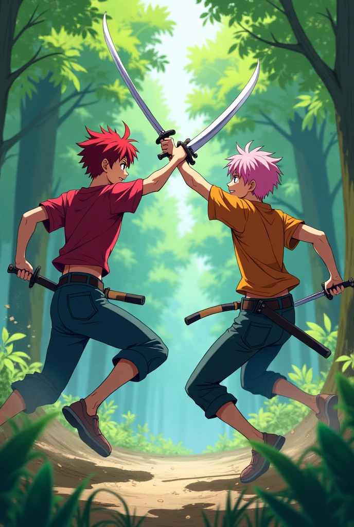 2 anime red and pink teenage boys are fighting and using swords in a forest and the pink hair boy jumps in the air at the red hair boy and the red hair boy blocks the pink hair boy