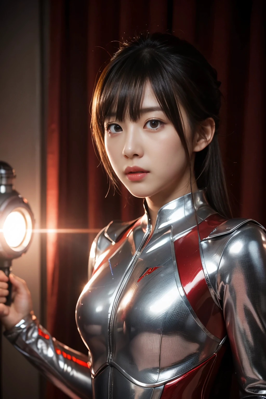 Ultraman、realistic、realistic、cinematic lighting, Girl in a shiny red and silver suit、、professional photos、Don&#39;Do not expose your skin, japanese model, japanese cgi、Ultraman Suit、, Power Rangers Suit、tight and thin cyber suit,Whole body rubbery、There&#39;s pink There、 delicate body, big breasts、small ass、thin thighs、thin arms、thin waist、camel toe、Both sides of the cyber suit stick to the skin、Big eyes、black short hair、facing the front、facing the front立っている、A glowing sphere is embedded in the chest.、Essay Examination、 blue sky background