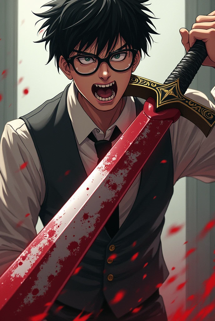 a 20 year old boy, nerdy looking. Bblack hair, glasses, and office clothes. But with a crazy expression and a giant sword stained with blood. A giant, thick sword, same as do Guts