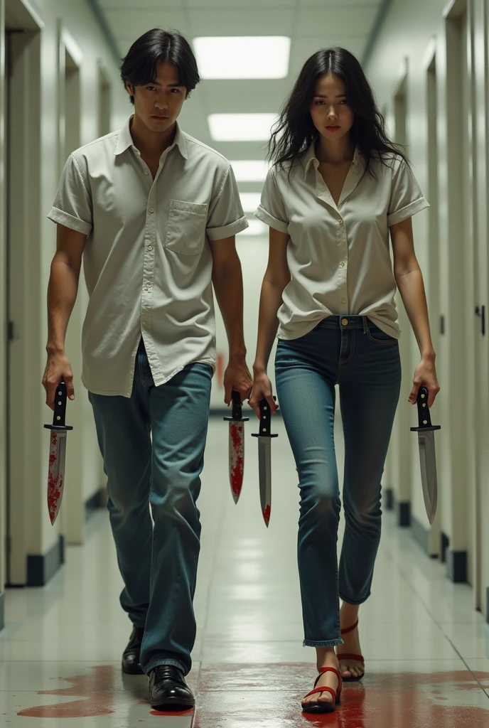 Realistic adult twins dressed in shirts and pants walking forward with knives in their hands, one hand clean and the other with blood 