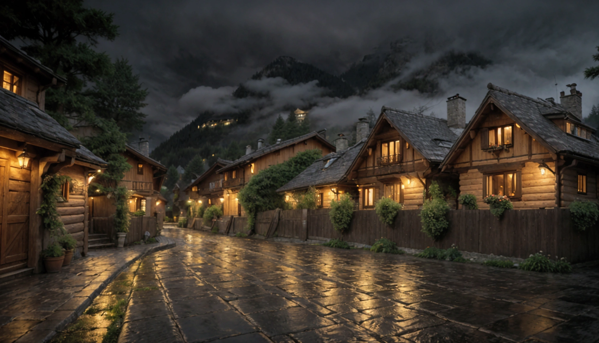 A serene Swiss village at night under a gentle rain. The narrow cobblestone streets glisten as they reflect the soft glow of warm yellow lights from rustic wooden chalets. The houses, adorned with sloping roofs and flower boxes, are dimly lit, creating a cozy, inviting atmosphere. In the background, dark silhouettes of towering alpine mountains loom, partially obscured by mist and low-hanging clouds. The rain softly patters against the roofs and ground, creating a soothing ambiance, while a few raindrops cling to the pine trees that line the streets. The scene is peaceful, with only the quiet sound of raindrops and the occasional rustling of leaves in the gentle breeze.