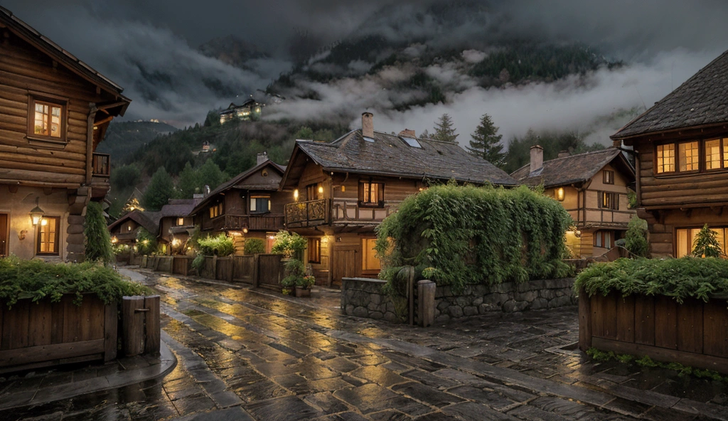 A serene Swiss village at night under a gentle rain. The narrow cobblestone streets glisten as they reflect the soft glow of warm yellow lights from rustic wooden chalets. The houses, adorned with sloping roofs and flower boxes, are dimly lit, creating a cozy, inviting atmosphere. In the background, dark silhouettes of towering alpine mountains loom, partially obscured by mist and low-hanging clouds. The rain softly patters against the roofs and ground, creating a soothing ambiance, while a few raindrops cling to the pine trees that line the streets. The scene is peaceful, with only the quiet sound of raindrops and the occasional rustling of leaves in the gentle breeze.