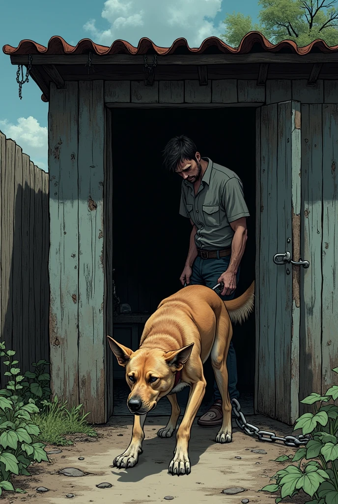 The dog being punished by a human and tied with a chain to a small house.manga
