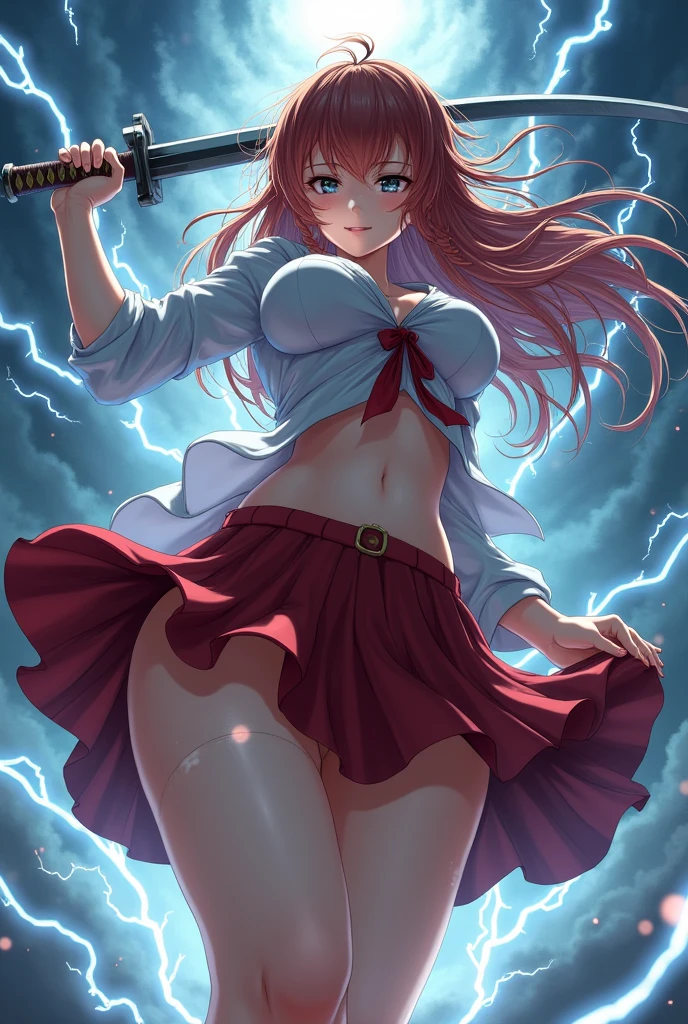 anime, adult woman, (((japanese schoolgirl uniform))), (((underboobs)))), wet cleavage, no bra, (((skirt lifted by a draft revealing see-through pantie))), big breasts, swirl of air all around her, sword in one hand, storm decor, pantie focus, chesnut hair, camera angle low angle view from below, Correct anatomy, 5 fingered hands, ligthning around arms