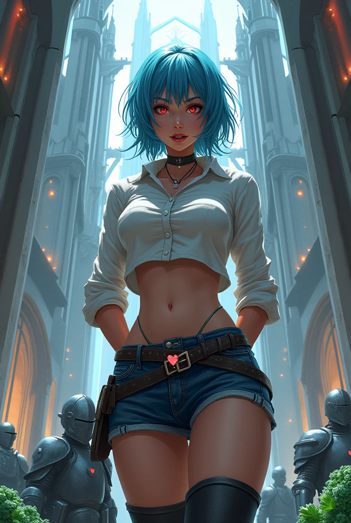 (dishevelled hair), (illustration), portraite, (futuristic city background), (arms behind the back), Waist slender, great smile, strong abdomen, slender girl, strong abdomen, muscular girl, front pose, muslos grandes, facefocus, flat-chested, large cathedral background, hair blue, shirt with skirt, Sit on the rock, detailed vagina, Kale, heavy knight armor, mecha museum, pale skin, gothic dress, twintails, Eyes red, heart accessories details