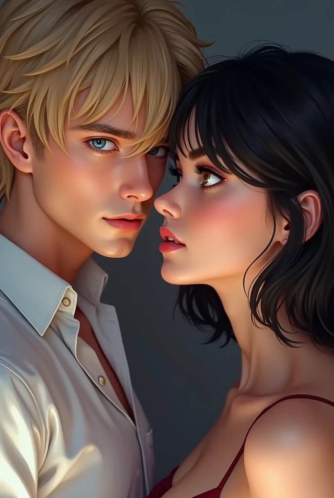 Imagine a cover in pastel tones, I want my protagonists to appear on the cover, A man with blond hair, disordered, tall blue eyes, I want this looking into the eyes of my female protagonist with shoulder-length black semi-wavy hair, Brown eyes, both with fine features, that in the photograph you can see sexual tension between them, something sensual SHARPENS HIS FEATURES THIS TIME, WITH THIS SAME PHOTOGRAPH