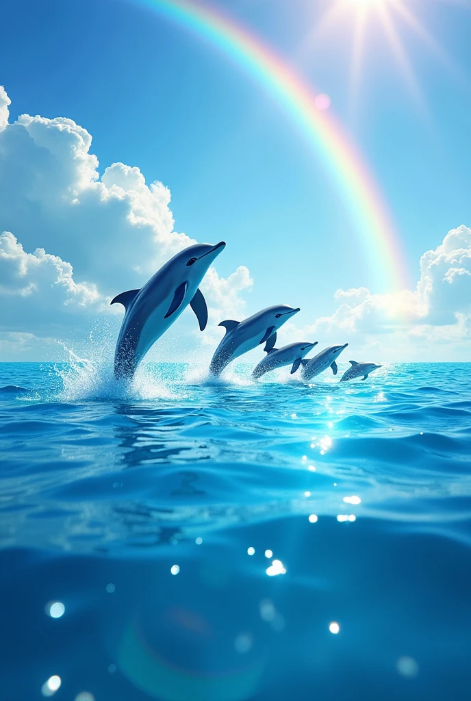 Makes for a sunny and splendid day, A bright blue sea in which dolphins play while in the distance there is a rainbow