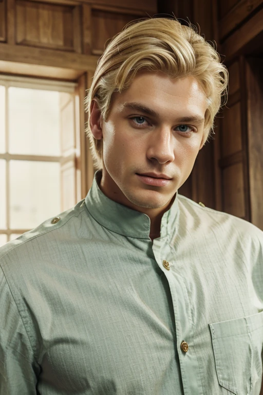 white-skinned man with 1,70 tall with green eyes, blonde hair with old money clothing style