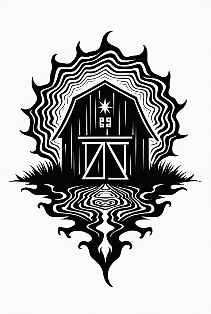 a black and white barn logo, with psychedelic details