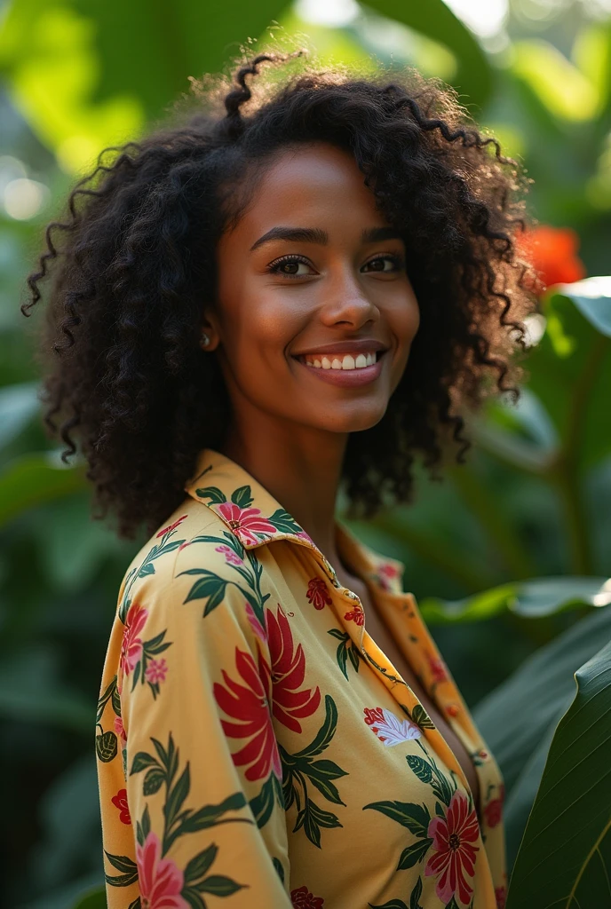 A Brazilian woman in a lush tropical garden, wearing an open shirt with a floral print, with a close-up capturing the harmonious beauty between her breasts and the natural flowers, showing off your natural charm and outgoing personality.
