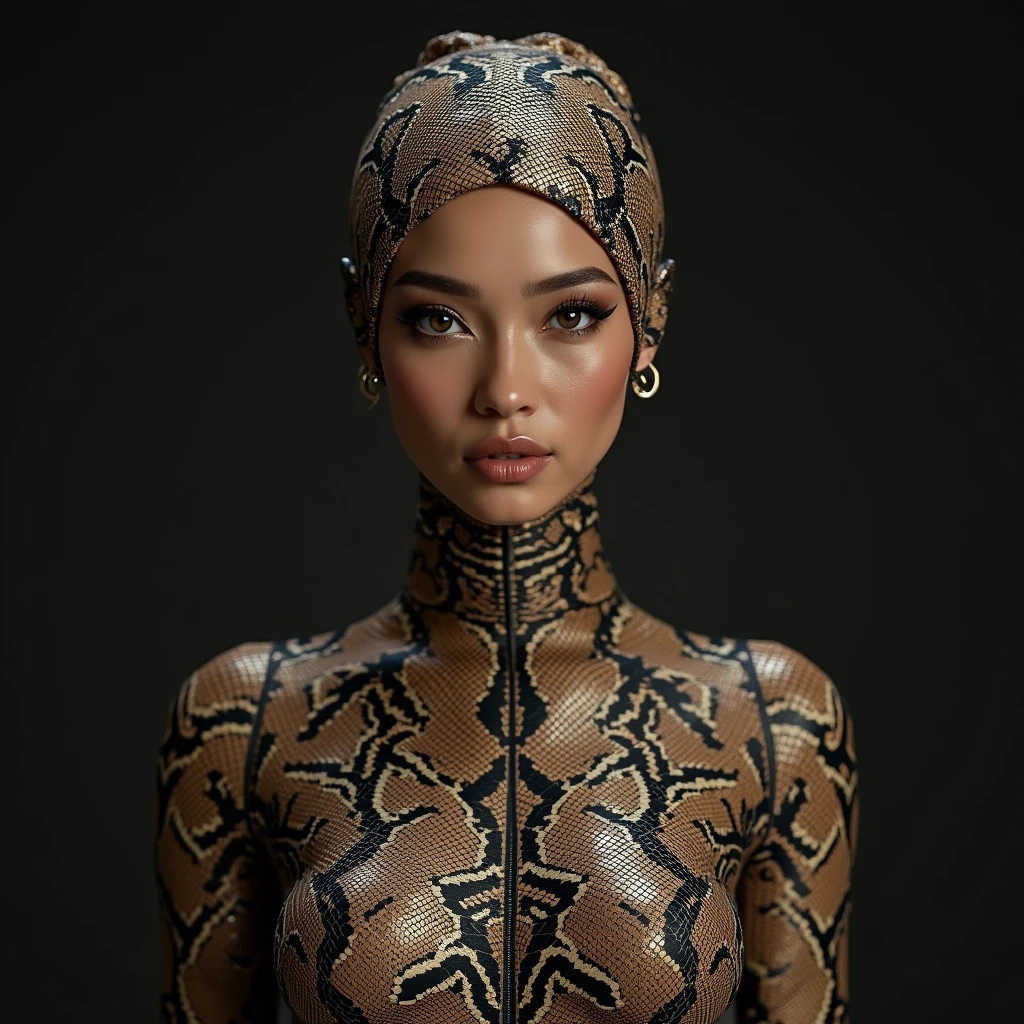 There is one of the most beautiful Malay girls wearing a snake print turtleneck unitard catsuit made of spandex。She wears a snake-patterned Malay woman headdress made of spandex every day。