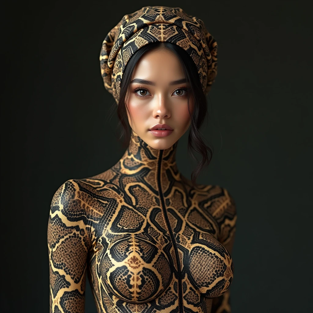 There is one of the most beautiful Malay girls wearing a snake print turtleneck unitard catsuit made of spandex。She wears a snake-patterned Malay woman headdress made of spandex every day。