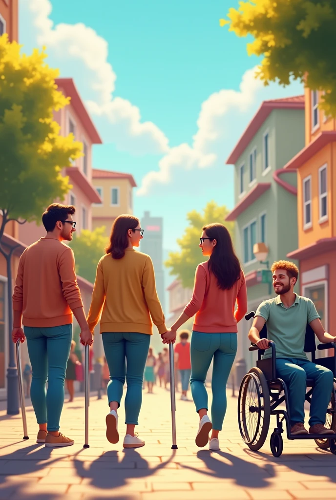Create an image that promotes social inclusion. With visually impaired people, with mobile disabilities and all types of disabilities. Visually impaired using cane and glasses.