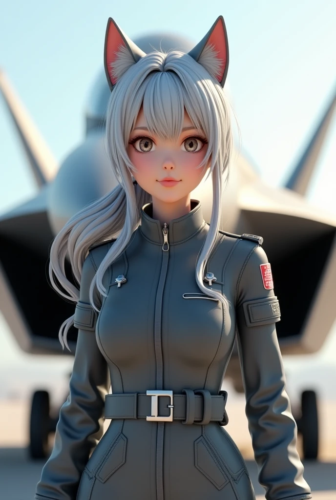 A woman with long silver hair tied in a ponytail and cat ears、A smiling, full-body 3DCG representation of a pilot standing in front of a fighter jet.。She stands like a race queen、The pose is realistic and natural。A fighter plane is depicted in the background、This composition emphasizes the presence of women.。Silver hair sparkles in the light、The texture of the ears and hair is delicately depicted.。Using depth of field、Focus on women、High resolution hair and cat ears、clothing、Precisely express the details of the whole body。