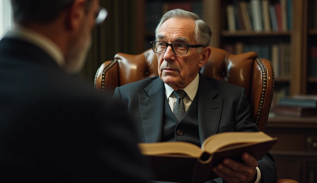 An elderly man with a thin, serene, contemplative expression. He has short, dark hair that is slightly balding at the front, slightly graying, and wears a classic 1930s suit, with small, square, prescription glasses and a discreet tie. Cayce is seated in a vintage-looking chair in a setting that resembles an old-fashioned office, with books and papers in the background. The soft, diffuse lighting highlights his face, conveying an aura of wisdom and introspection. In one hand, he holds an open book, symbolizing his knowledge and psychic abilities. The scene has a nostalgic and mysterious tone, reflecting the enigmatic nature of his predictions and readings. talking to another person