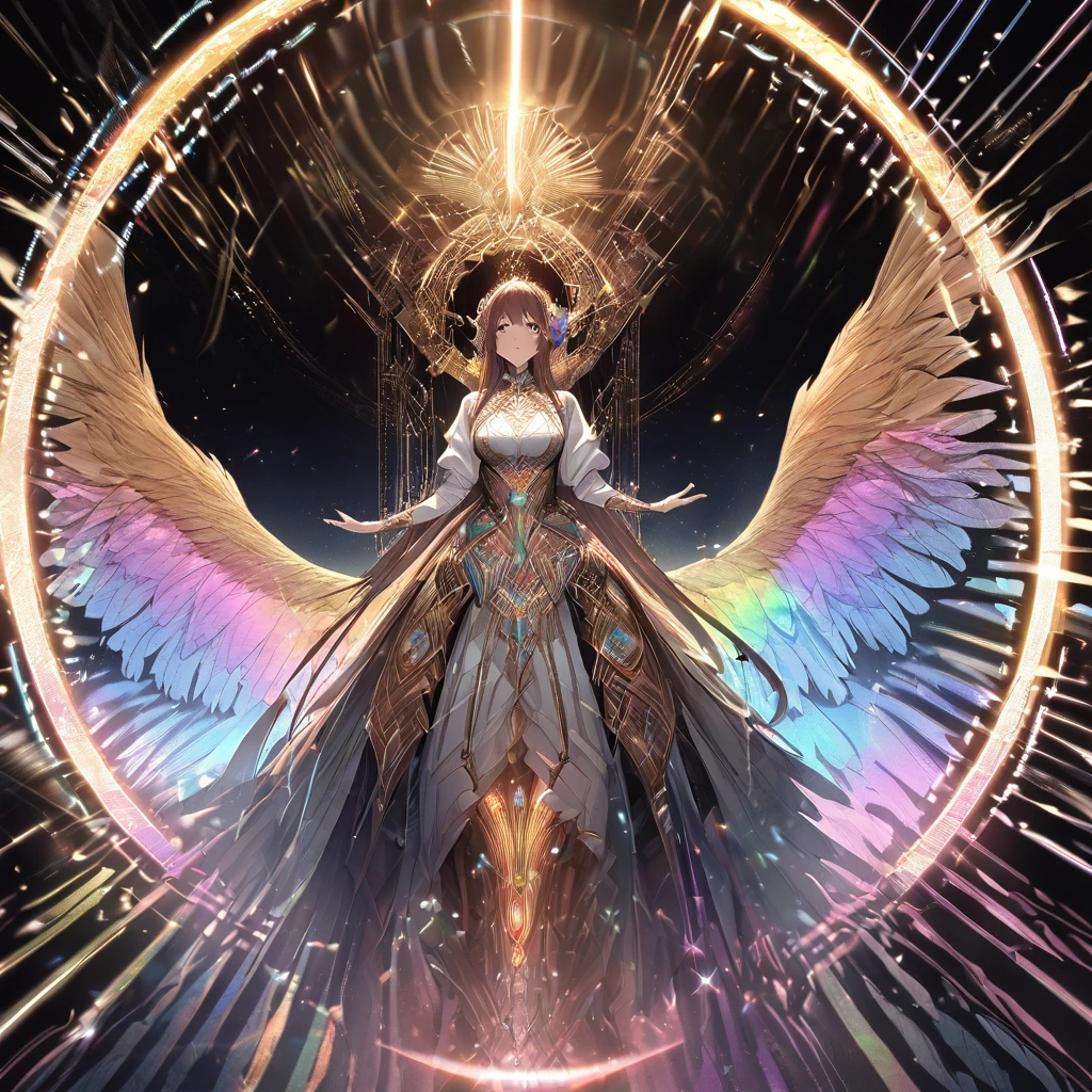 Where technology meets spirituality, A shining celestial object surrounded by a holographic aura of rainbow light, Emitting an otherworldly beauty. The image is a digital hologram projected against a pitch black background.。, Creates a striking contrast. Its graceful presence、It is highlighted by intricate metalwork patterns that dance and change with movement.。. The details are so clear and realistic、It feels like God is about to jump out of the screen.。. The overall effect is mesmerizing, Immerse your audience in an awe-inspiring world of wonder and magic.anime , One person, Brown Hair、Lick bangs, Large Breasts, Big feather、Angel、Ring on top of head, Giant feathers、Photograph the whole body