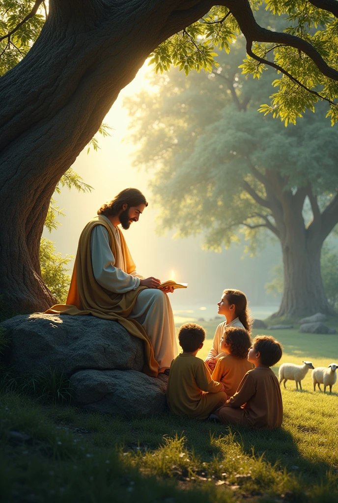 Illuminated Jesus sitting on top of the rock telling a story to several children,natta,Trees,sheep