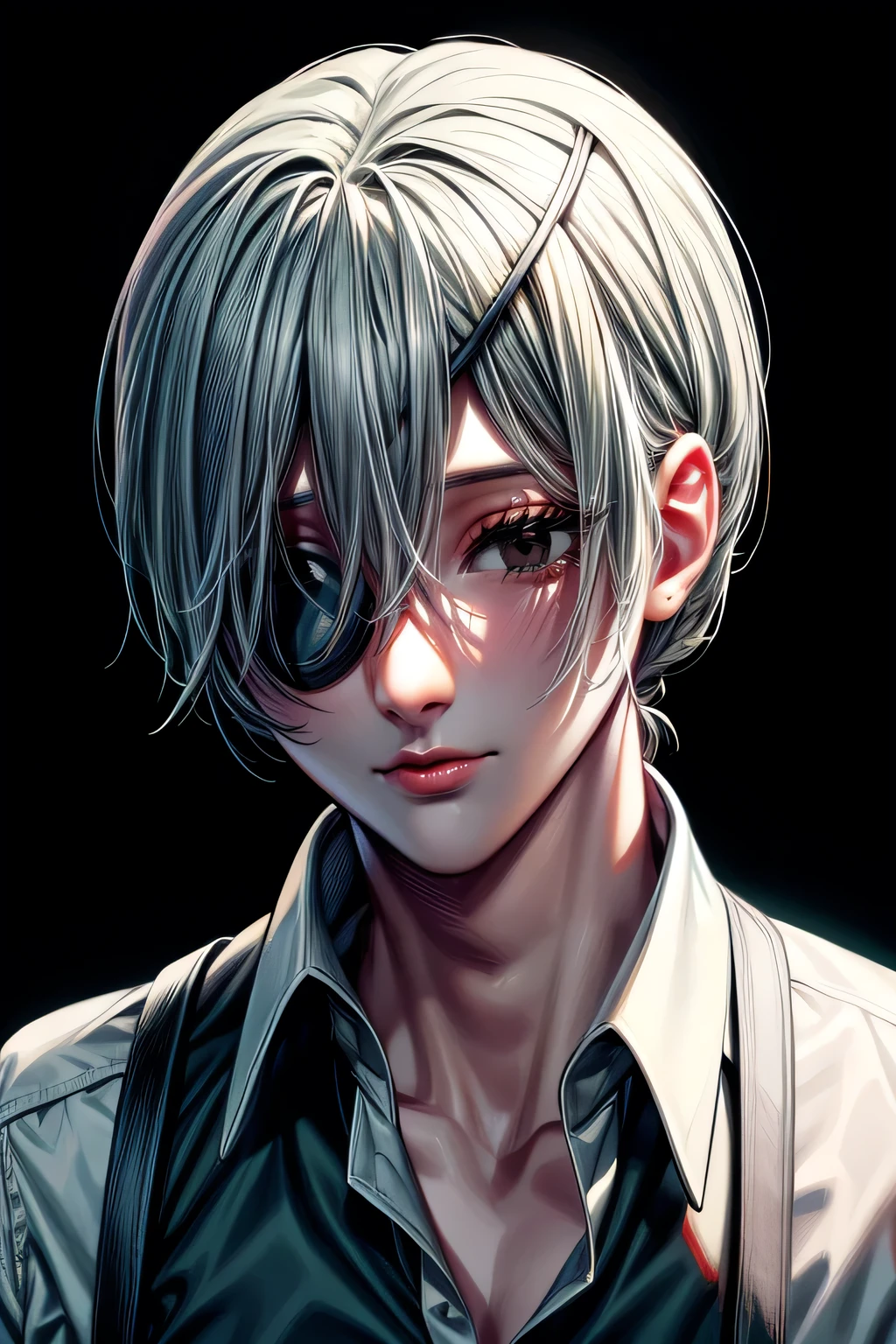 Quanxi, Chainsaw Man ، white skin Sleepy black eyes, black shirt, beautiful facial features, black eye patch, white-green hair, 