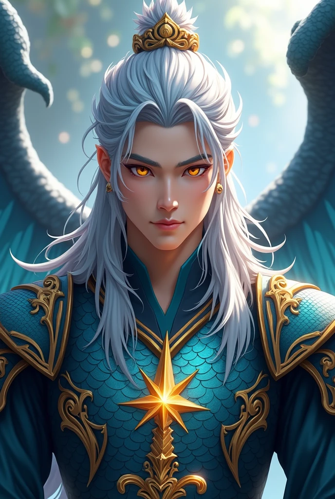 Handsome xianxia protagonist,man,guy,silverish long hair,golden amber eyes and long silver hair,use armour featuring like azure dragon scale motiv with azure and black dominant color, combination of azure and black dominant color,with majestic golden line ,held sword star, wings at back,24K ultra hd,face and eyes detail,better quality