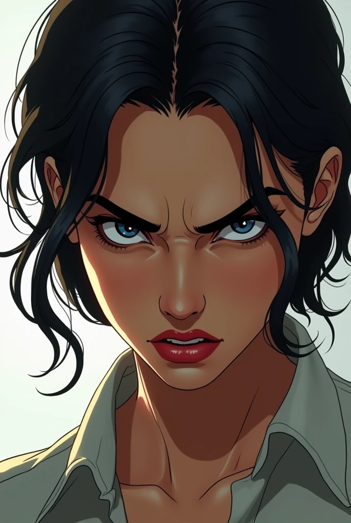 Create a digital book cover On the cover there is an angry woman and her angry face, lips pursed but is controlling herself so as not to be aggressive.
