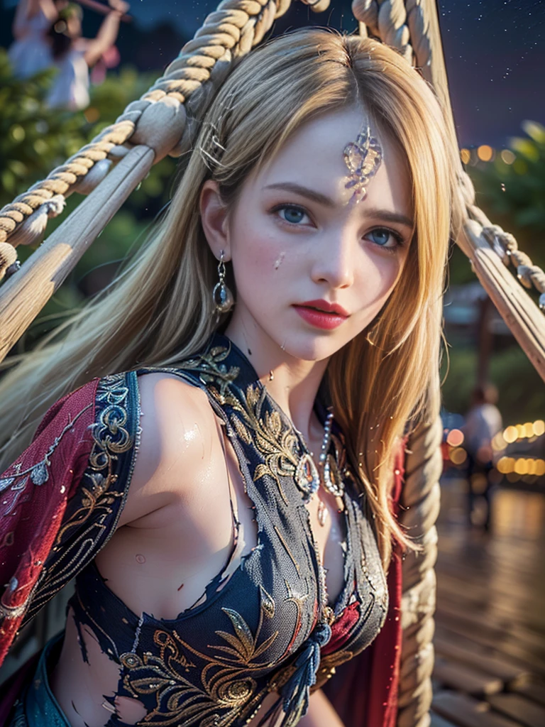 (((masterpiece, best quality))), (((high quality))), (((high resolution illustration))), (((hyper detail))),(((NSFW))), (((Wordsworth's Sharon))),(((Very beautiful long blonde hair))), (((Very beautiful face))), ((((Detailed face)))),(((very beautiful blue eyes))),(((Realistic Skin))),(((her face is flushed))),(((slim body))),(((slim thighs))),(((small breasts))),(((very beautiful slender legs))),(((gold and ocean blue and red and black and white armor with extremely detailed and intricate decoration))),(((red and white skirt with extremely detailed and intricate decoration))),(((boots with extremely detailed and intricate decoration))),(((cloak with very detailed and intricate decoration,))),,(((beautiful earrings))),(((beautiful hair ornaments))),(((in the old dark deep forest with no light))),(((wet her skin))),((Sharon is crying with tears streaming down her face:1.3))),(((late at night:1.7))),(((highest quality:1.6))), (((A high resolution:1.5))), (((Realistic:1.75))), ((8K resolution)), ((Canon EOS R5)), ((50mm)),((Absurd)),((Ultra-detailed,Cinema Lighting)),(((torn clothes:1.5))),(((tied up with rope:1.2))),(((hanging:2.5))),