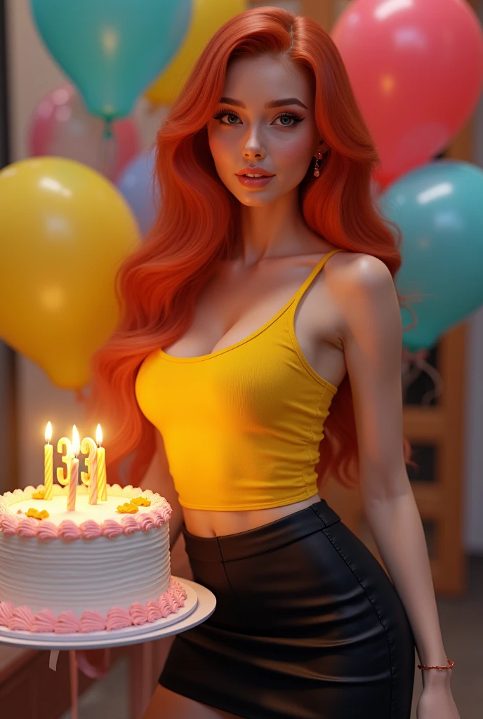 Long red haired girl with yellow tank top, black skirt and heels with birthday cake with candles number 33 and balloons 
