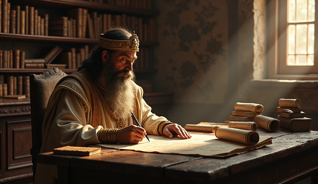 Create a hyper-realistic and mysterious image of a large study room inside Solomon's palace, where he is surrounded by books, scrolls and maps, symbolizing the knowledge accumulated over time. Solomon is sitting at an old wooden table, reading carefully from one scroll while taking notes on another. The room should be lit by soft golden light coming through the windows., creating an environment of concentration and patience. The scene should capture the idea that true success is built with patience., dedication and a continuous search for knowledge and improvement.