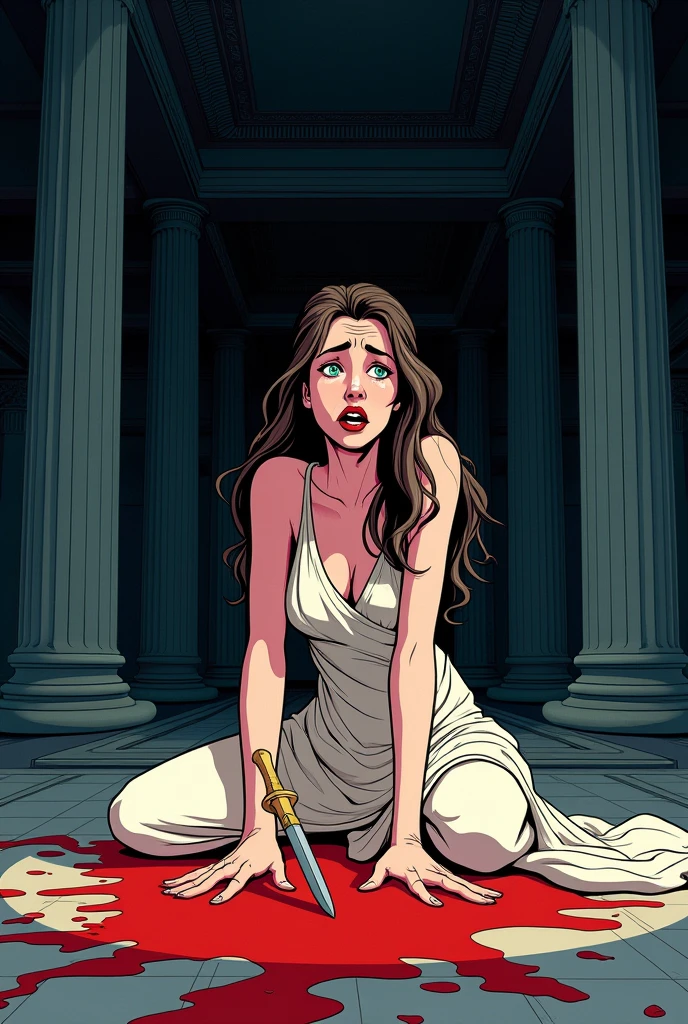 Phaedra commits suicide over the death of Hippolytus, make it like a cartoon, with blood