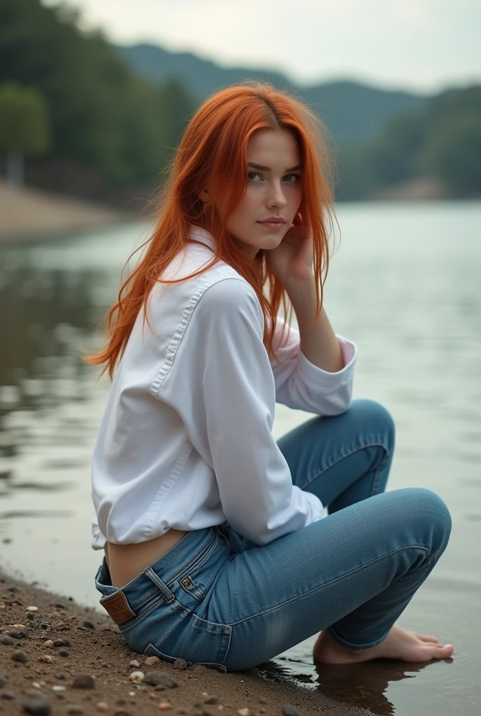realistic image. She is a foot model, sitting on the beach of a river, looking over his shoulder to the side, leaning with hands leaning back, her faint reddish hair, covers his face so that it is slightly hidden, The model is wearing jeans and a white shirt., that waves due to the effect of the wind, the camera points from the front upwards