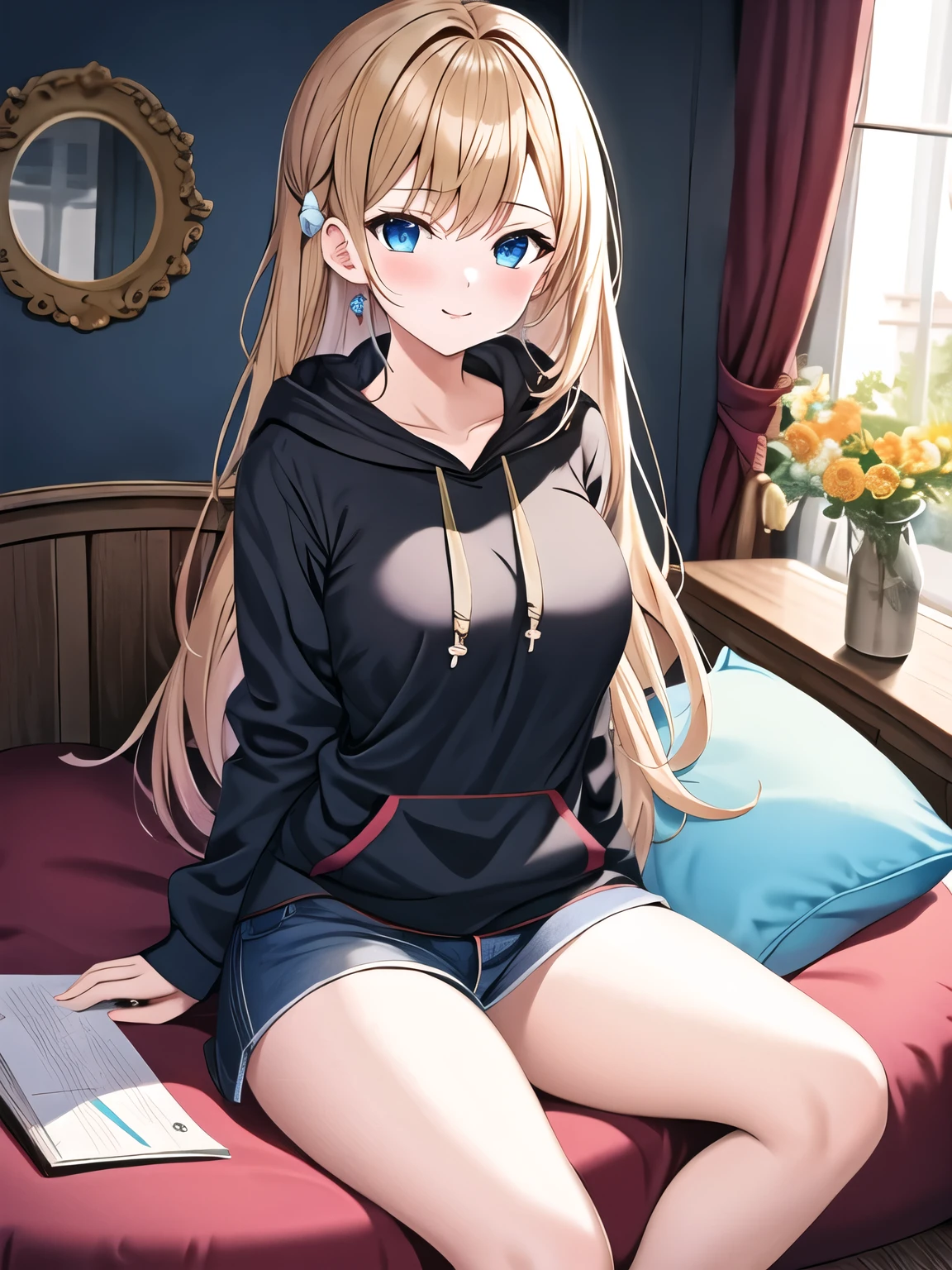 (masterpiece, highest quality:1.2), 1 girl, alone,hoodie、sitting on a blue cushion