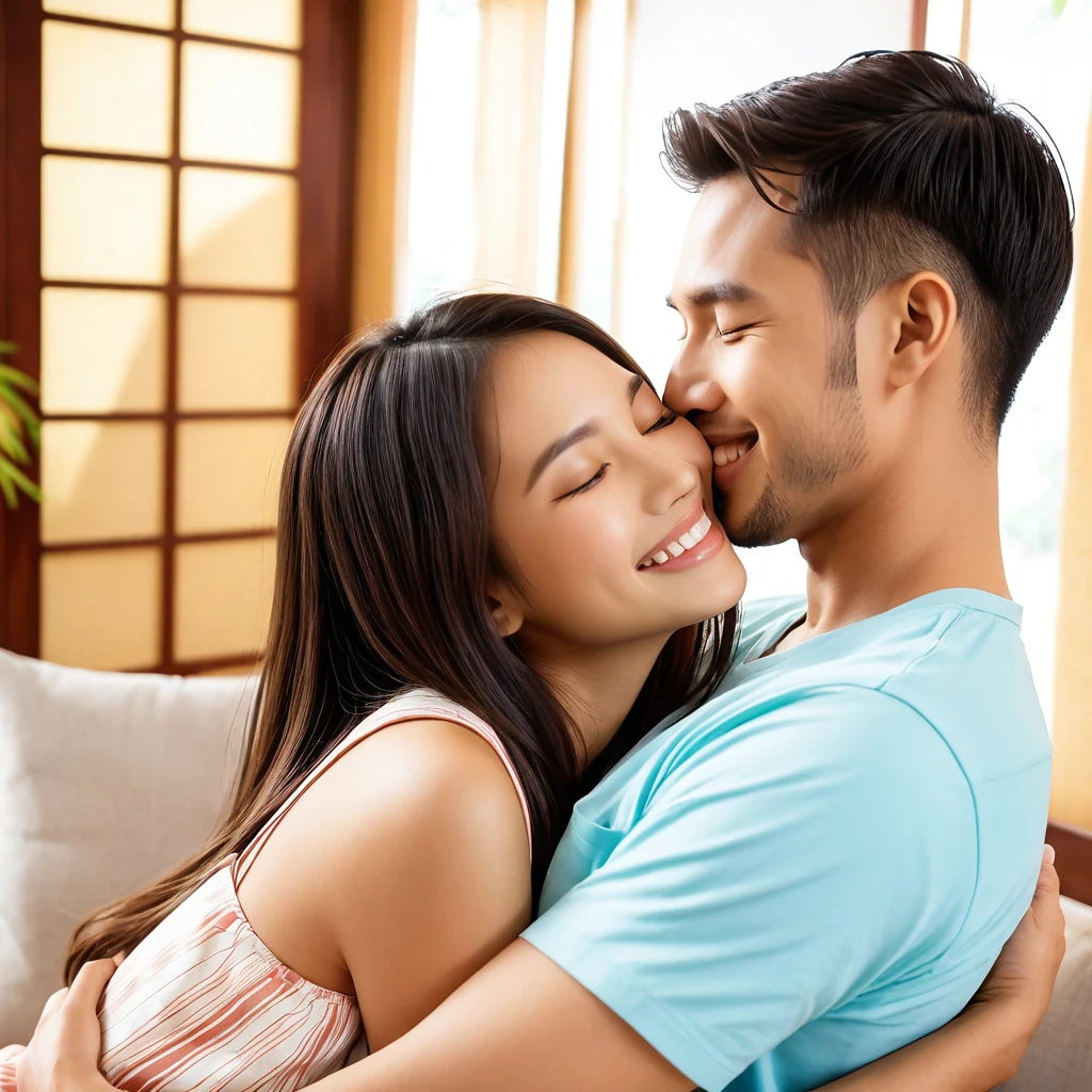 A tender moment captured in a warm, golden-lit Indonesian living room. A young couple, berpelukan (embracing) each other tightly, exuding happiness and joy. Soft cushions and plush fabrics surround them, adding to the cozy atmosphere. The woman's face is tilted upwards, eyes closed, as the man holds her close, his arms wrapped around her waist. A serene smile spreads across their faces, radiating bliss and contentment, ImgFixerPre0.3