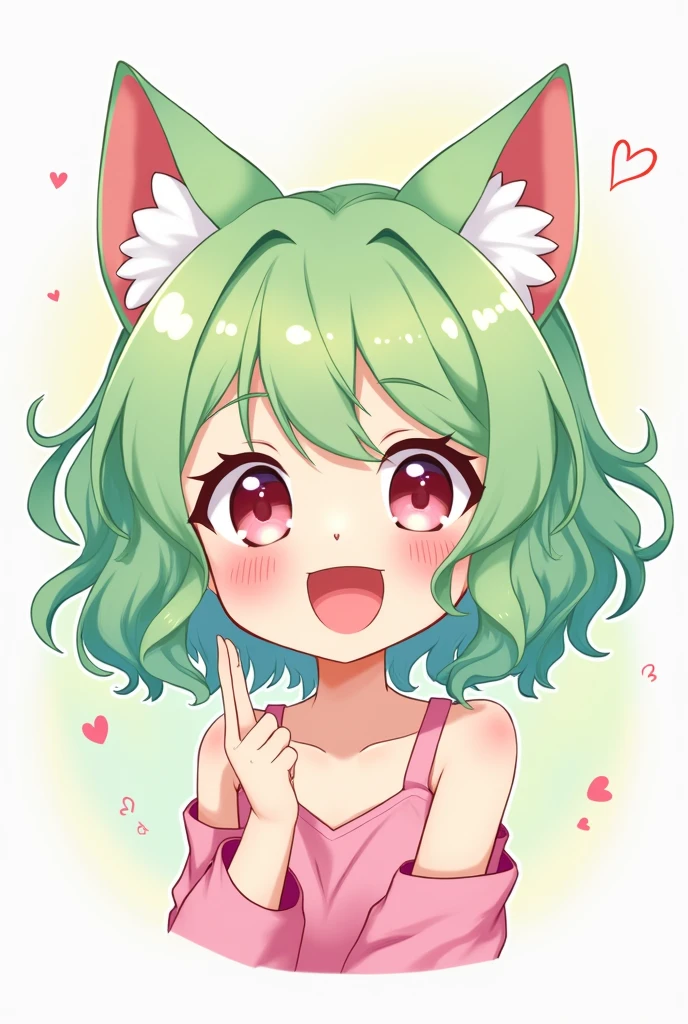 Create a 2d image of a cute smiling anime neko girl with pastel green hair all excited 