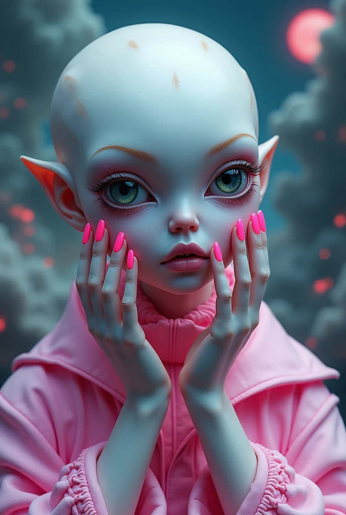 an alien with pink-painted nails