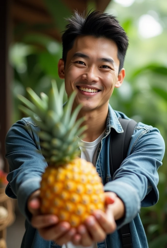 Young Chinese man with pineapple in his hand