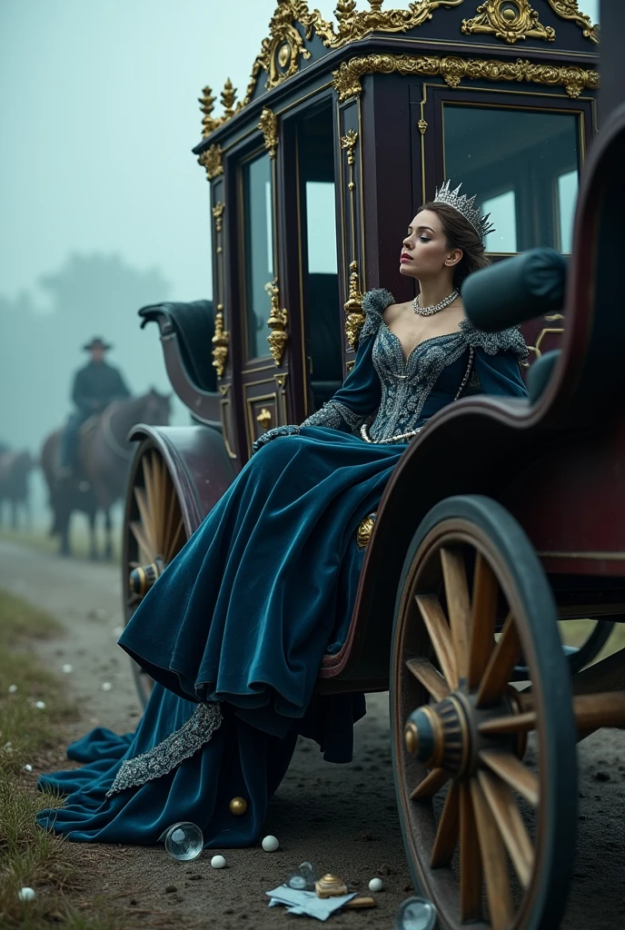 It was a dark and threatening day, with heavy clouds covering the sky and casting a pale light over the landscape. The royal carriage, a masterpiece of elegance with meticulously carved gold details, advanced slowly along an uneven dirt road. The wooden wheels creaked under the weight of the vehicle., and the horses, despite being well trained, struggled to keep pace amidst the bumpy road.
Inside the carriage, the queen maintained herself with serene dignity. Her navy blue velvet dress, adorned with silver embroidery, spread around him, creating an aura of luxury and sophistication. Her hair was elegantly tied into a complex bun., adorned with delicate tiaras and pearls that reflected the dim light filtering through the foggy windows. She watched the gray landscape with a calm expression., oblivious to what was about to happen.
Suddenly, a sudden bang cut through the silence, followed by a violent jolt. The carriage rocked uncontrollably, e o impacto fez com quand the queen fosse lançada contra o banco oposto. The weight of her dress and adornments made it difficult for her to move., and the window glass shattered with a sharp crack, scattering sharp fragments throughout the interior of the carriage.
The queen tried to hold on to the bench to keep her balance., but the carriage continued to shake violently. The shout of the coachman and the frantic neighing of the horses, now completely out of control, filled the air with a terrifying sound. The floor of the carriage became chaos, with the queen's personal objects, like a little mirror and a book, rolling from side to side, mixing with shards of glass and pieces of wood.
At the height of the confusion, the carriage turned sideways with a loud crash. The impact was severe, and the queen, fallen at an odd angle, was in the middle of a pile of torn fabrics and debris. She tried to get up, but the pain and shock were evident on his face. His breathing was rapid and