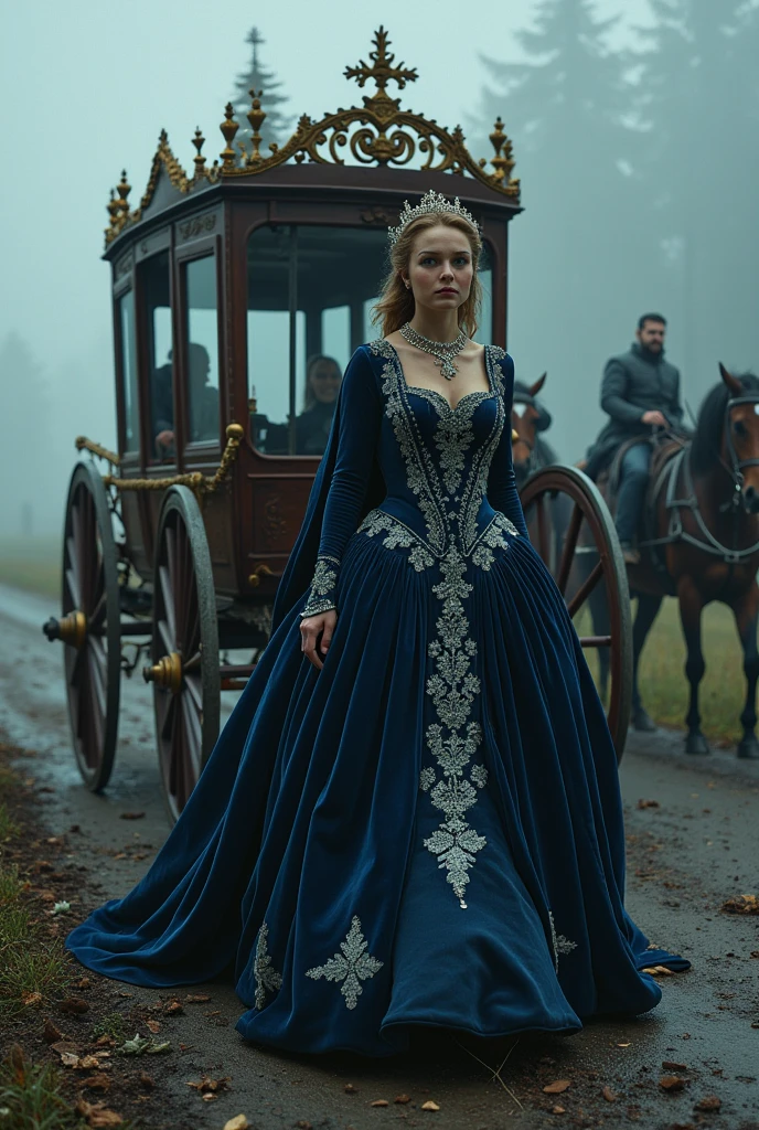 It was a dark and threatening day, with heavy clouds covering the sky and casting a pale light over the landscape. The royal carriage, a masterpiece of elegance with meticulously carved gold details, advanced slowly along an uneven dirt road. The wooden wheels creaked under the weight of the vehicle., and the horses, despite being well trained, struggled to keep pace amidst the bumpy road.

Inside the carriage, the queen maintained herself with serene dignity. Her navy blue velvet dress, adorned with silver embroidery, spread around him, creating an aura of luxury and sophistication. Her hair was elegantly tied into a complex bun., adorned with delicate tiaras and pearls that reflected the dim light filtering through the foggy windows. She watched the gray landscape with a calm expression., oblivious to what was about to happen.

Suddenly, a sudden bang cut through the silence, followed by a violent jolt. The carriage rocked uncontrollably, e o impacto fez com quand the queen fosse lançada contra o banco oposto. The weight of her dress and adornments made it difficult for her to move., and the window glass shattered with a sharp crack, scattering sharp fragments throughout the interior of the carriage.

The queen tried to hold on to the bench to keep her balance., but the carriage continued to shake violently. The shout of the coachman and the frantic neighing of the horses, now completely out of control, filled the air with a terrifying sound. The floor of the carriage became chaos, with the queen&#39;s personal objects, like a little mirror and a book, rolling from side to side, mixing with shards of glass and pieces of wood.

At the height of the confusion, the carriage turned sideways with a loud crash. The impact was severe, and the queen, fallen at an odd angle, was in the middle of a pile of torn fabrics and debris. She tried to get up, but the pain and shock were evident on his face. His breathing was rapid and