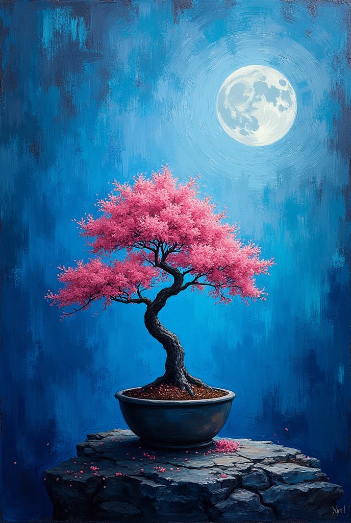 new painting inspired by vincent van gogh with blue colors of different shades, black and a pink bonsai, all a bit abstractnew painting inspired by vincent van gogh with blue colors of different shades, black and minimally pink, from nature