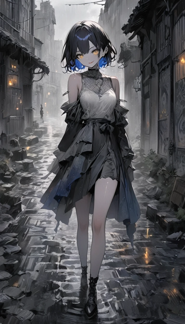 (anime style: 1.4), soft painterly touches, High resolution, Attention to details, high quality, 4k, 8K, stone road, after the rain, anime girl, yellow eyes, short hair, dark blue hair, clothing adventurer, gray scale color effect, full body, ruined Celtic city background