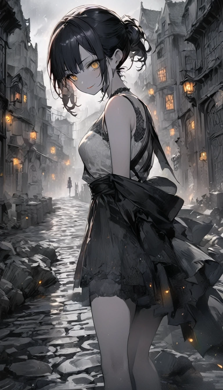 (anime style: 1.4), soft painterly touches, High resolution, Attention to details, high quality, 4k, 8K, stone road, after the rain, anime girl, yellow eyes, short hair, dark blue hair, clothing adventurer, gray scale color effect, full body, ruined Celtic city background