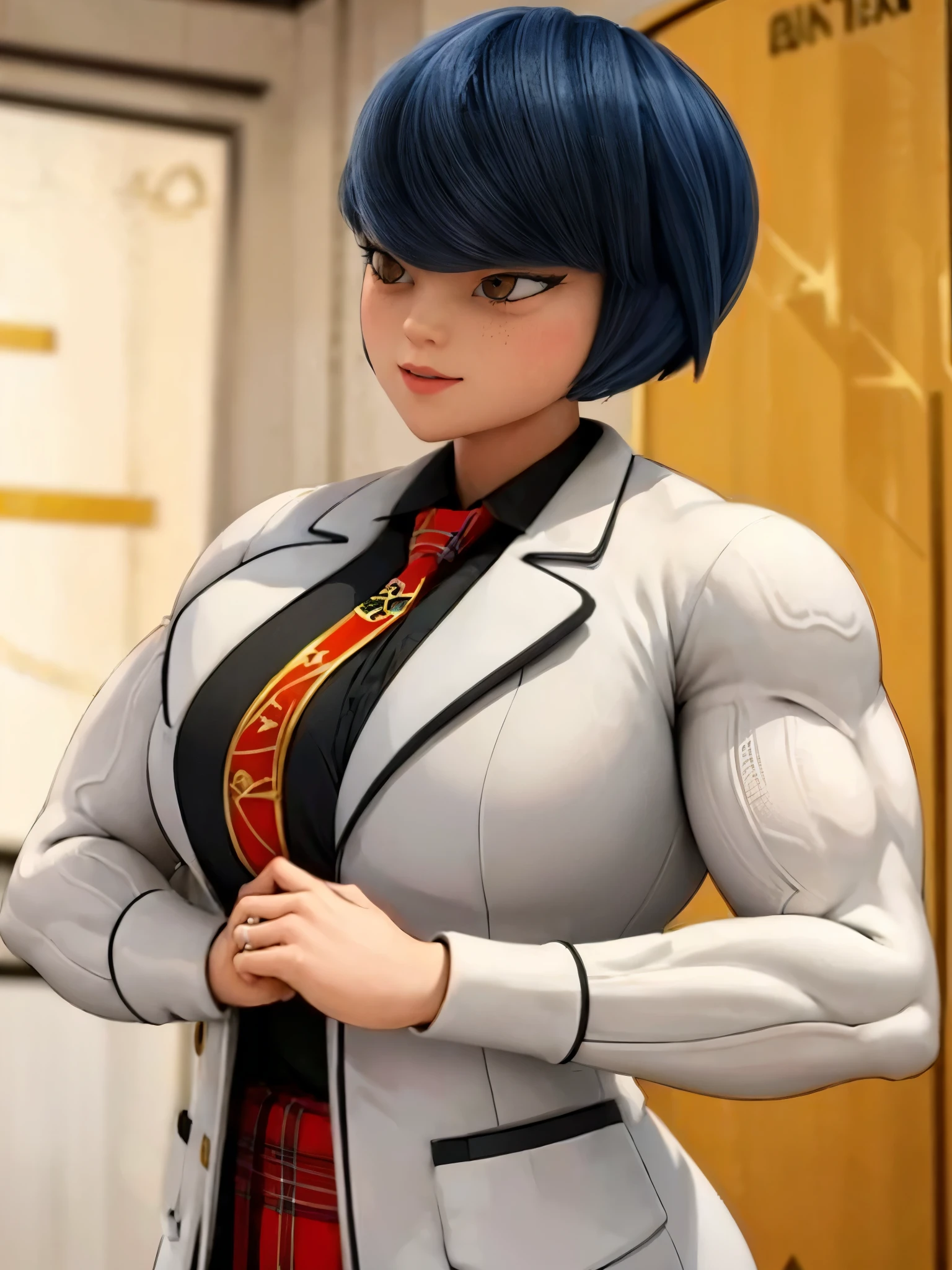 (big muscular female bodybuilder, beautiful detailed eyes, beautiful detailed lips:1.1,strong physique, short hair, (smile),((( Kagami wears a white long-sleeved blazer that has black outlines around the collar, running down across her waist all the way to the bottom to the hem, cuffs and two black accents on the top of the fastened outer pockets. The blazer also has two gold pockets around the waist and each side of the cuffs.))), and ballet flats.), lifting weight, Thick Neck, watermelon sized muscular arms and legs:1.2, ((((toned 12 pack abs))), powerful expression,sweating:1.1, gym background:0.9, intense focus:1.1, vibrant colors, dramatic lighting), rippling muscles,sturdy frame,dark tan,fit around the waist,(tight 10 pack abs),strong arms and shoulders,intense expression,determined look,well-defined muscles and veins,straining muscles,artistic pose,steely gaze,side lighting,powerful presence,vivid colors,dynamic composition,studio lighting,physically-based rendering,athletic build,bodybuilding silhouette,professional,gritty texture,bokeh, working out in the gym with heavy dumbell (full body) .