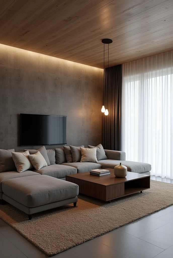 A modern and cozy living room with a gray floor and light walls. The wall where the TV is located has a dark burnt cement finish., creating an elegant contrast. The ceiling lining is made of PVC with a woody appearance, adding a touch of warmth to the environment. In the right corner of the room, there is a pendant light with two warm white light bulbs, that gently illuminates the space. The right wall is covered by a white curtain that stretches from end to end., giving a feeling of spaciousness. The five-seater sofa in graphite color is large. Below the TV, there is a vintage piece of furniture that houses some carefully selected decorative objects. To finish, a natural fabric rug covers part of the floor, on which is a coffee table made of natural wood, complementing the cozy and elegant look of the room.