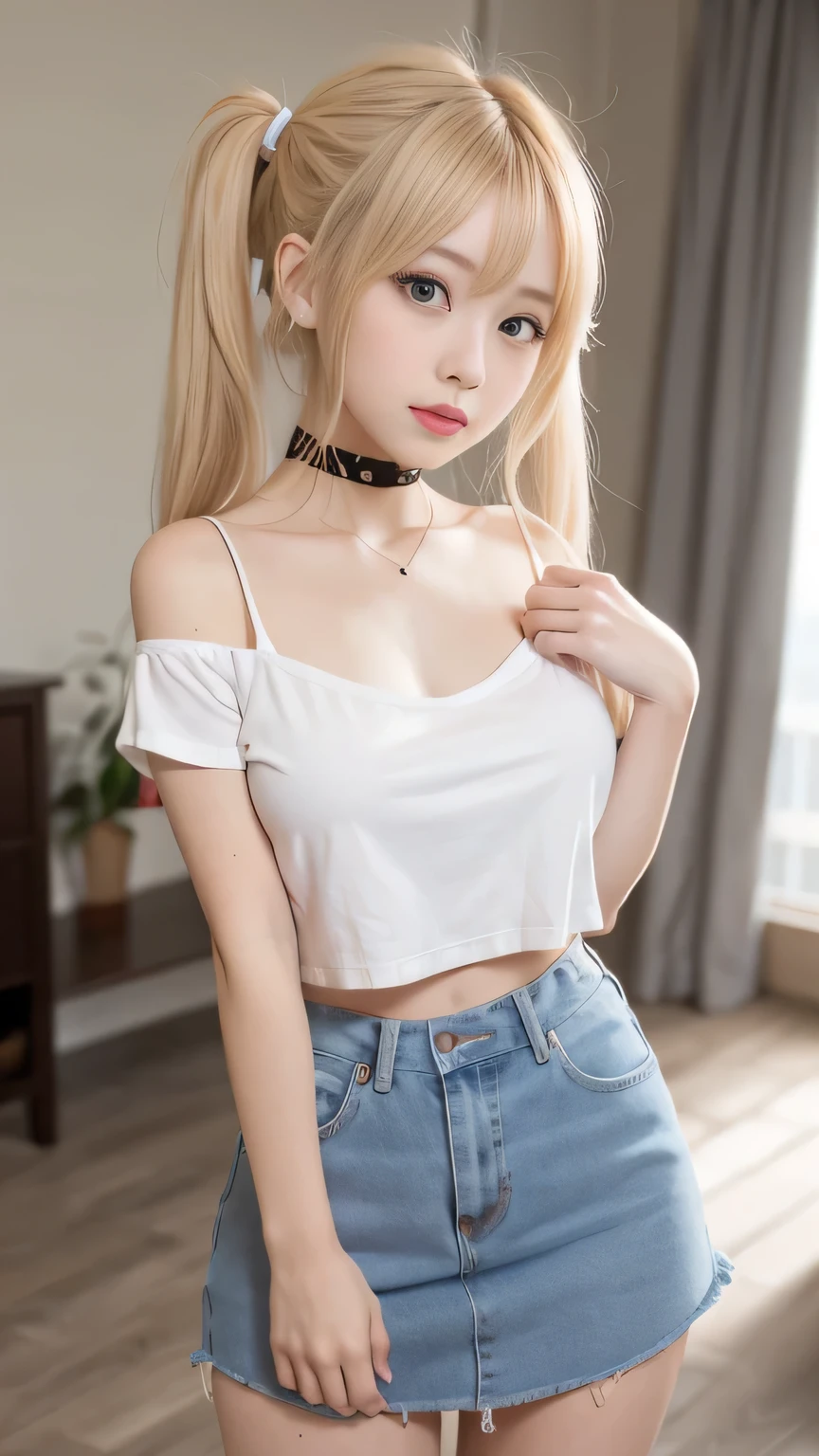 One person, 16 years, blonde hair, very length hair, Twin tails, Red ribbon, blue eyes, shy, ,Airi Akizuki, blonde_hair, blue eyes, Twin tails, very_length_hair, hair_Decorative Red, hair_Red Scrunchie, Moderate_chest,Airi Akizuki, blonde_hair, blue eyes, Twin tails, very_length_hair, hair_Decorative Red, hair_Red Scrunchie, Moderate_chest, She is wearing a white T-shirt, Show your collarbone, She is lifting her shirt slightly showing her chest, she isn't wearing a bra,, She is also wearing denim shorts., she is also wearing length black thigh-high stockings,