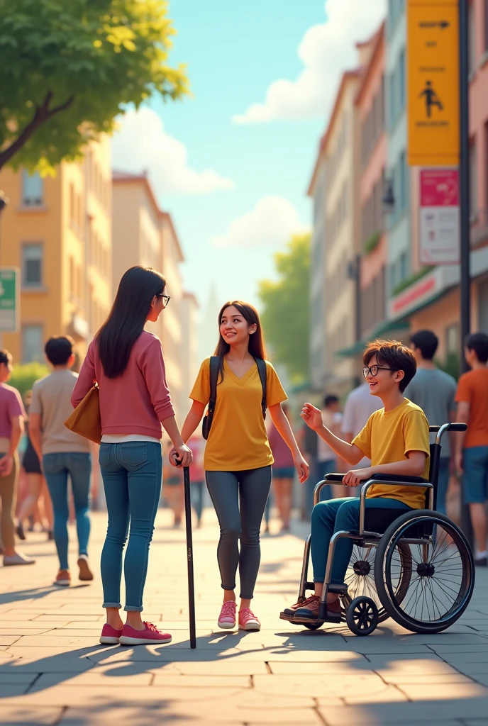 Create an image that promotes social inclusion. With visually impaired people, with mobile disabilities and all types of disabilities. Visually impaired using cane and glasses.
