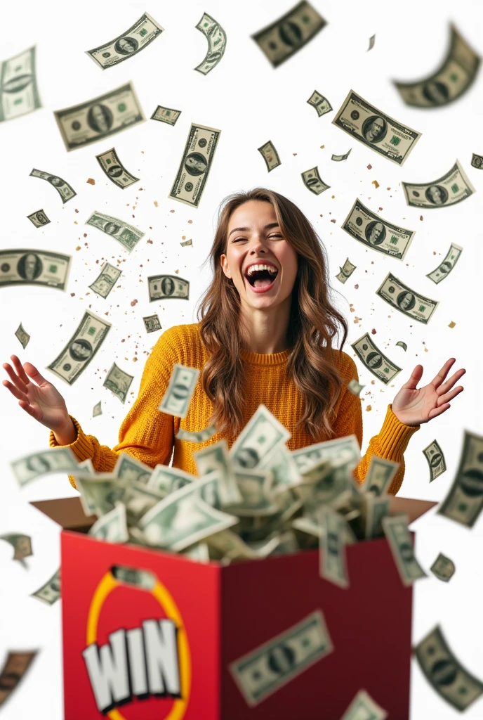 Splash bound wining tickets around and big box and left side beautiful girl money splashing background transparent for PNG format